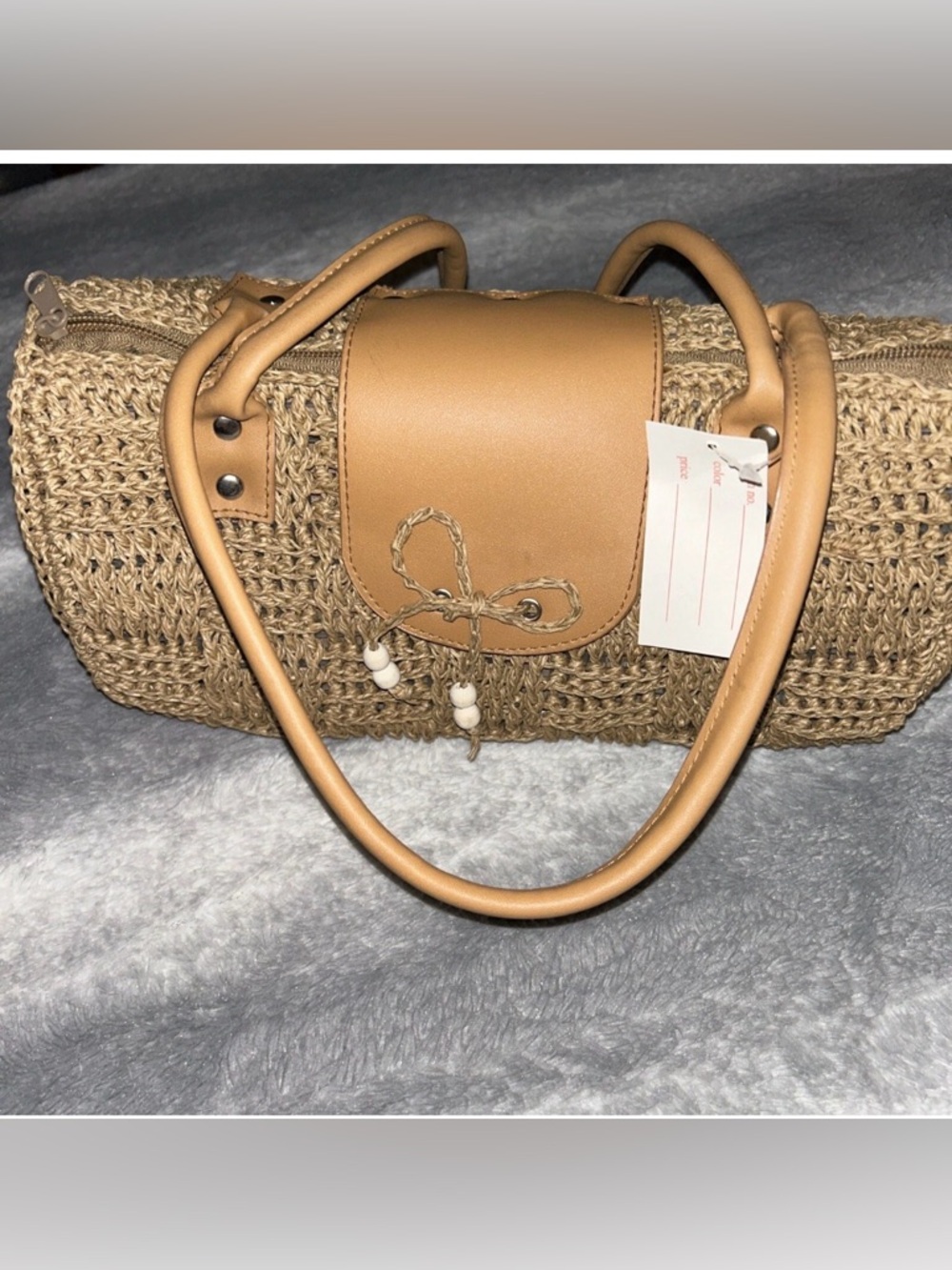 Woven Straw Tote with Tan Leather Trim and Bead Accent
